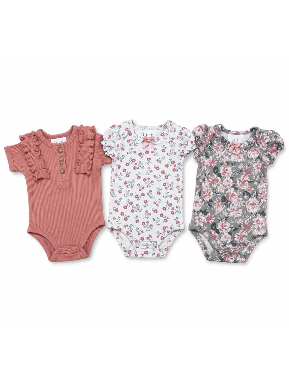 Nicole Miller Pink White & Gray Floral Ruffle 3-Piece Bodysuit Set Size 3-6M